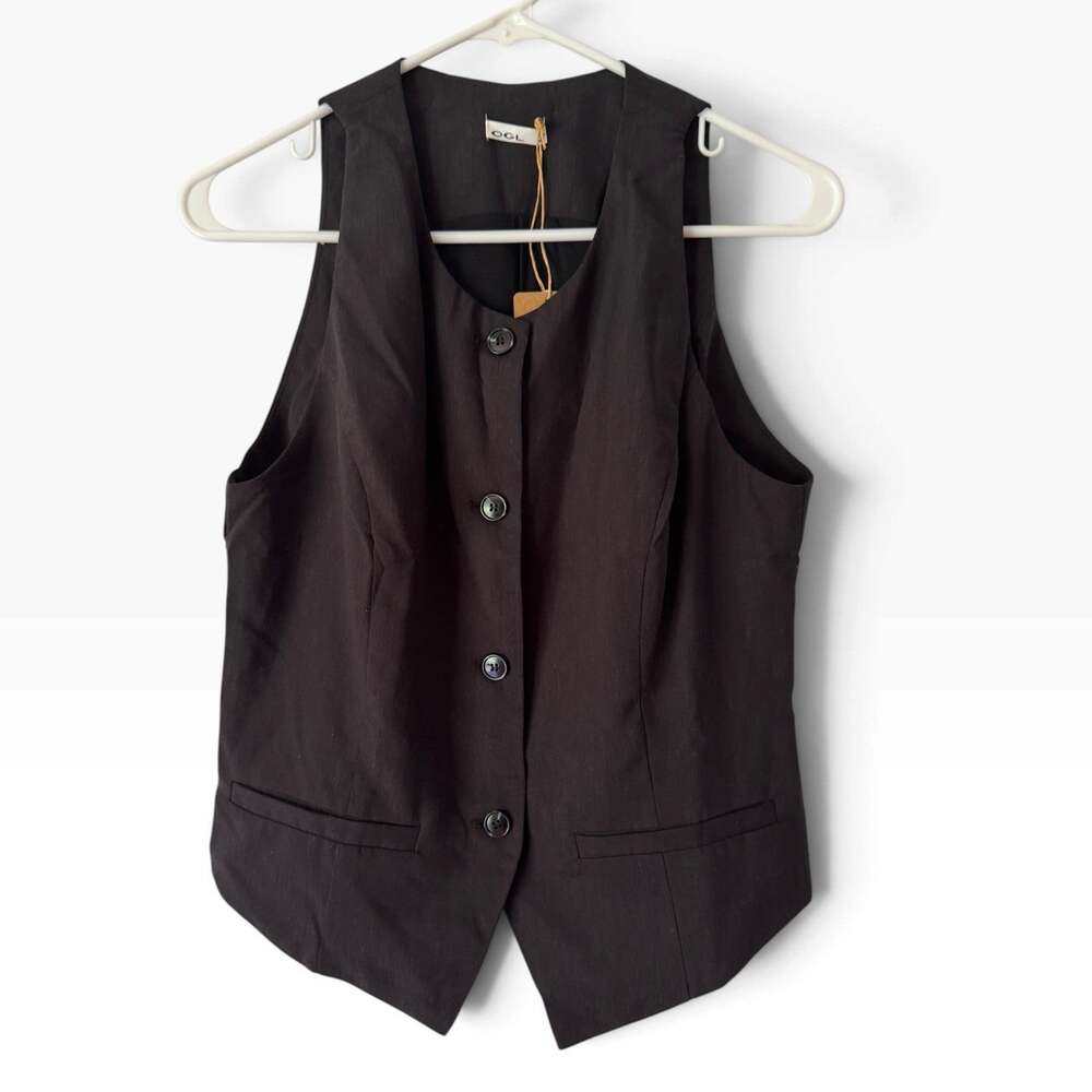 NWT OGL Wrinkle Resistant Linen Summer Waistcoat Black Size Medium